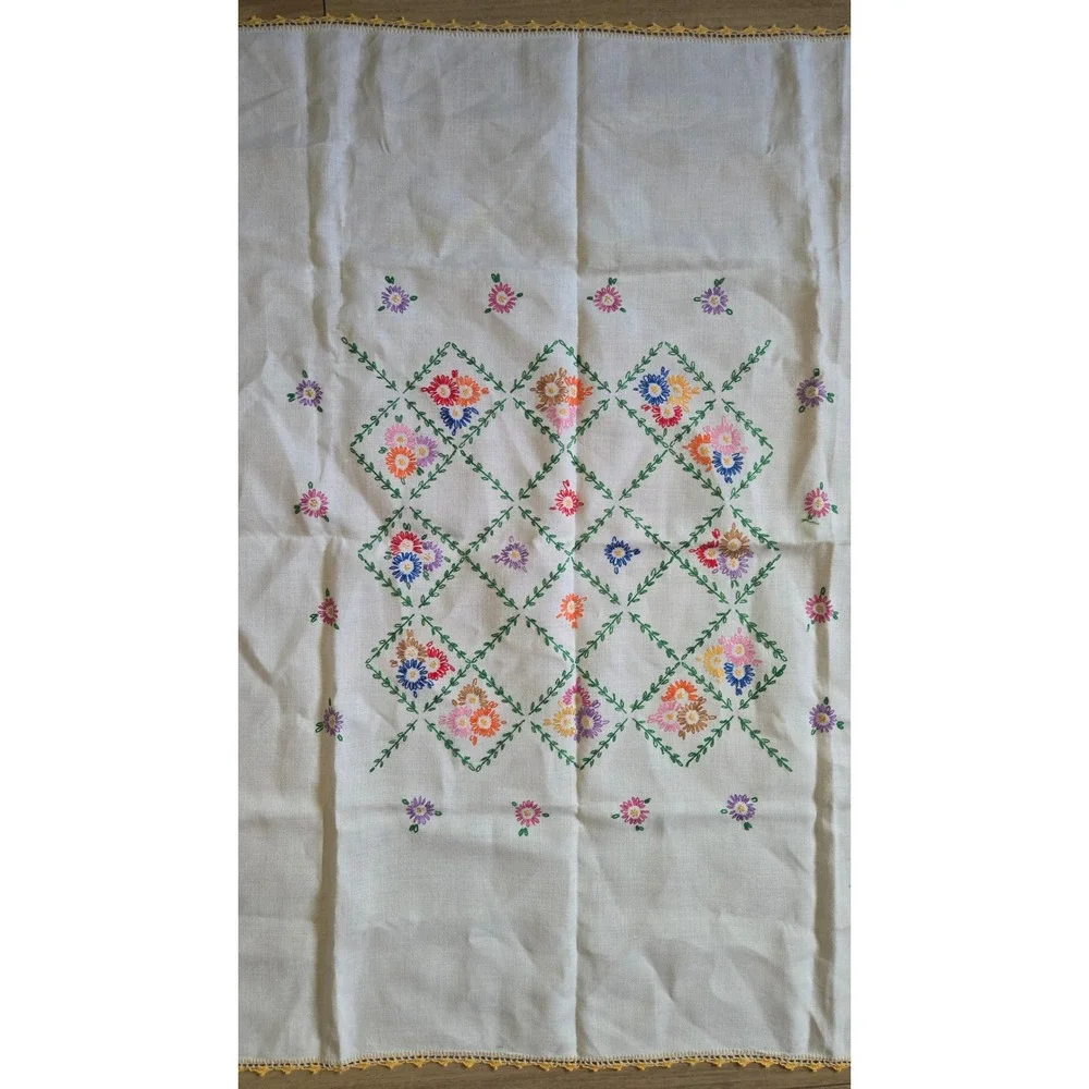 Vintage Hand Embroidered Floral Trellis Square Tablecloth Yellow Crochet 33in